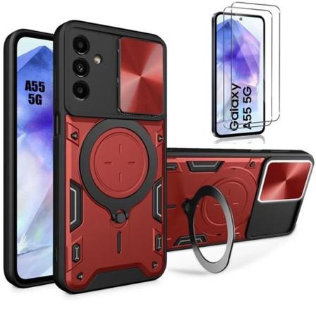 Etui til Samsung Galaxy A55 5G + 2 hærdede briller. PC-rustning med roterende stativ og kamerabeskyttelse, rød Röd