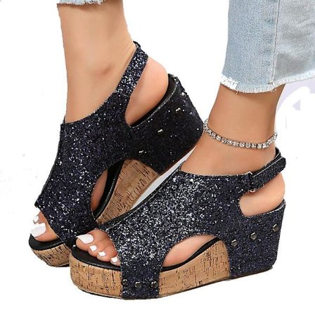 Sandaler Dam Tjocka Sulor Retro Sandaler Dam Pailletter Nitar Kardborre Sandaler
