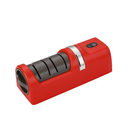 Elektrisk knivsliper for kjøkkenkniver, fruktkniver og sakser med to spor for effektiv bladrestaurering og glatt kantfinish, rød