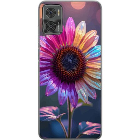 Kompatibelt Mobildeksel til Motorola Moto E22i Irideserende blomst med glitrende kronblad i rosa lilla og gull mot myk bokeh bakgrunn