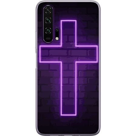 Kompatibelt Mobilskal till Honor Honor 20 Pro Neonkors i lila ljus mot mörk tegelvägg, symboliskt motiv med stark glow modern estetik och dramatisk