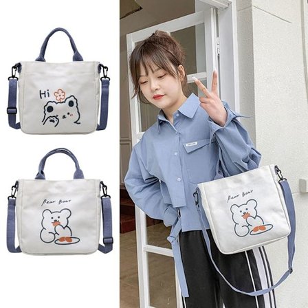 Kvinnor Canvas Dragkedja Cartoon Bear Print Axelväska - spot sales