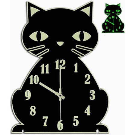 Kat Væg Ur Selvlysende Lydløst Ur til Soveværelse Stue Boligindretning Sødt og Unikt til Børn Katteelskere Sort