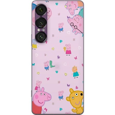 Kompatibelt Mobildeksel til Sony Xperia 1 VII Peppa Gris med en baby i armene, mamma gris motiv i fargerik og myk barneillustrasjon med hjerter