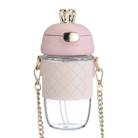 Rosa vandflaske med sugerør og rem - 350 ml BPA-fri plastikflaske med lækagesikker låg - Vandflaske til alle aldre