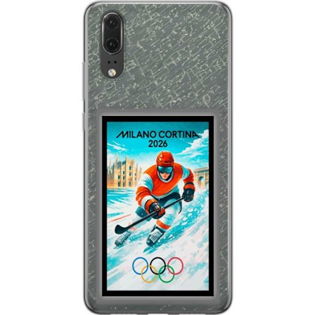 Yhteensopiva Puhelinkuori Huawei P20 Curlingkuvitus pelaajilla ja kivillä jäällä, Milano Cortina 2026, lumisia roiskeita ja olympiasormukset