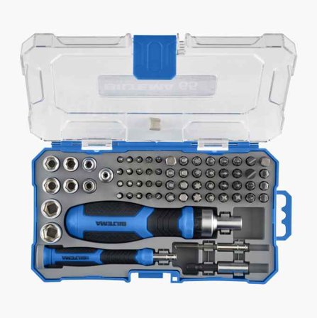 Biltema - Bits- og pipesett med skralleskrutrekker 65 deler