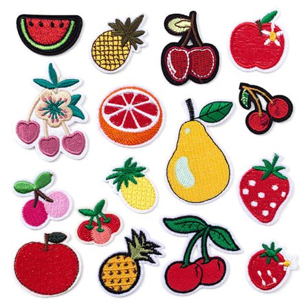 Broderade fruktemblem (set om 16), söta fruktemblem att stryka på/sy på