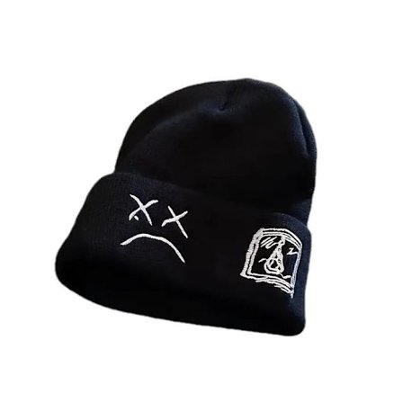 Avslappet svart strikket varm lue med brodert Lil Peep for ridning / ski