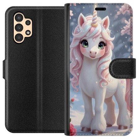 Kompatibelt Lommeboketui til Samsung Galaxy A13 Pastellfärgad enhörning med regnbågsmane och stora ögon i sagolik vintermiljö