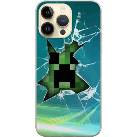 Kompatibel Mobilcover til Apple Apple iPhone 14 Pro Max Minecraft Creeper gennem knust glas med dramatisk eksplosionseffekt, hvor den ikoniske Creeper