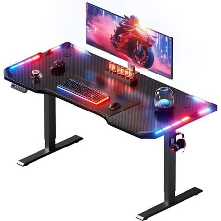 HLONONE LED Kontor Stående Skrivebord Elektrisk 140 x 60 cm, Gaming Skrivebord med 3 Funktionskontroller og Hukommelse, Kulfiber, Sort