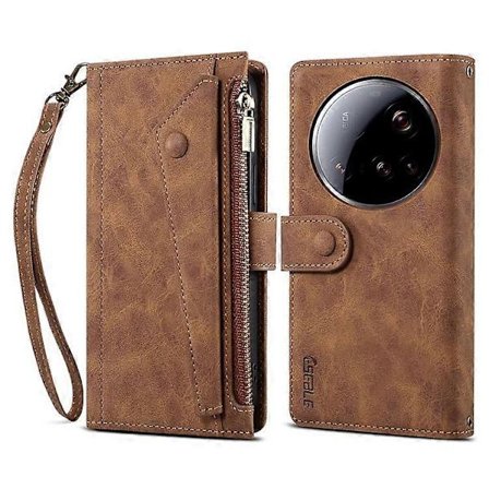 ESEBLE Star Series Kompatibel med Xiaomi 15 Ultra Etui Lynlås Pung Læderstativ Telefoncover [DB] Brun