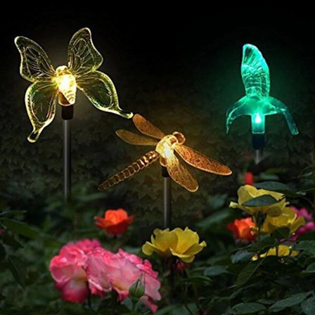 【PP】Hagesollyspakke, sommerfugl, kolibri, øyenstikker, solcelle-LED, flerfarget