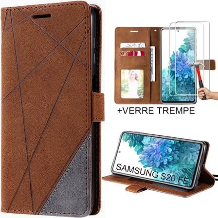 2 härdade glasögon + fodral för Samsung Galaxy S20 FE Brun anti-skrapa Stötsäker lädereffekt