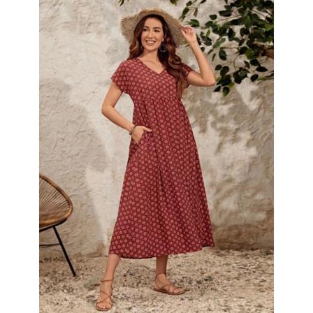 Kortärmad klänning Lång kjol Stor kjol V-ringad Retro hög midja Brick Red XXXL
