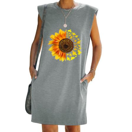 Lady Fashion Trendig Personlighet Solros Print Ärmlös Klänning