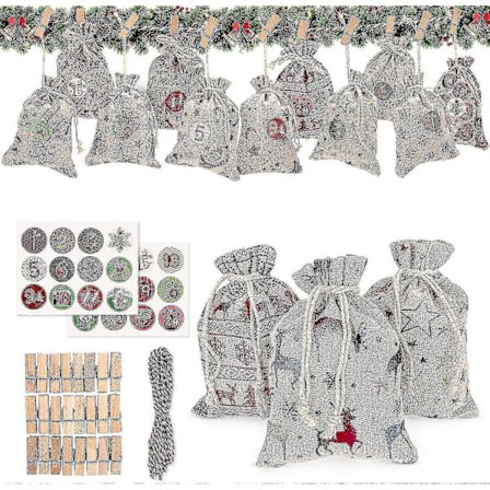 Adventskalender i bomull, Adventskalender for å fylle selv, Adventskalender for å fylle stor, Poser til adventskalender (24 stk. 12 mønstre)