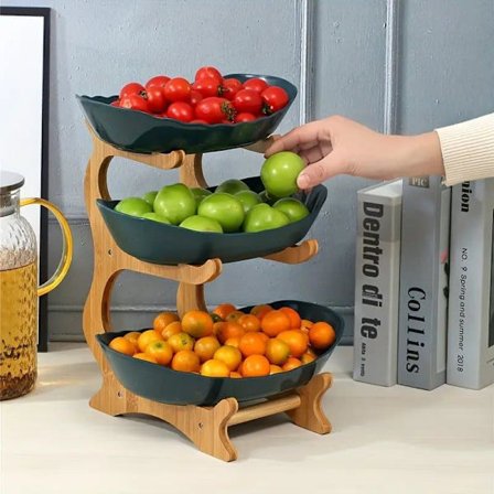 3-etagers Frugtskål med Bambusstativ – Serveringsfad til Fest, Plastskåle til Frugt, Snacks, Nødder & Grøntsager_TF_TF