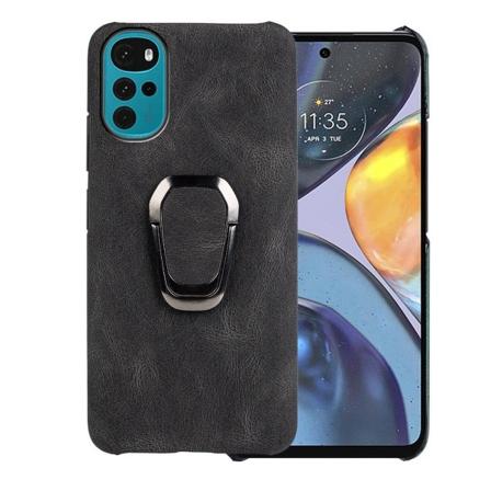 Stötsäkert läderfodral med oval kickstand för Motorola Moto G22 - Svart Svart