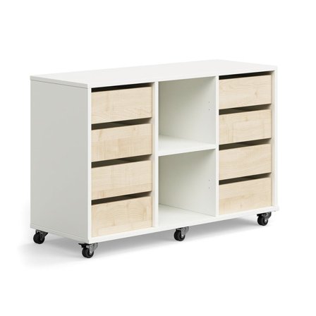 Student storage CASPER, 8 drawers, 2 compartments, white, birch