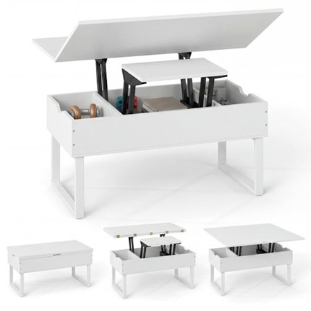 3 in 1 Nostettava Pöytä COSTWAY, 3 Piilotettua Säilytystilaa, 100x50x49 cm Muunneltava Olohuonepöytä, Valkoinen
