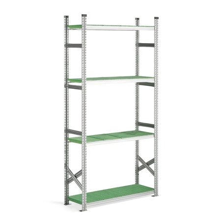 Reol grunnseksjon med grønne plasthyller, 2500x1200x400 mm