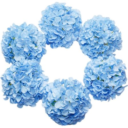 Paket med 6 konstgjorda stora sidenhortensior (blå) med huvudbandstjälkar av falska vita hortensior för bröllop hem trädgårdsdekorationer