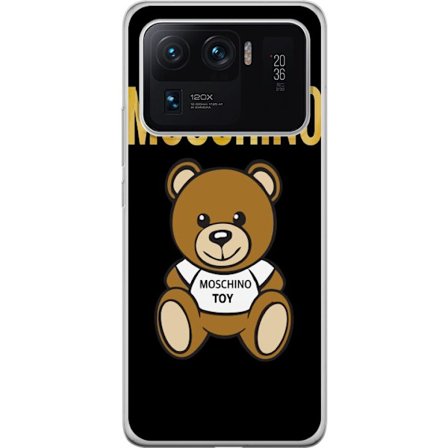 Kompatibelt Mobilskal till Xiaomi Xiaomi Mi 11 Ultra Moschino-inspirerad nallebjörn med text på tröjan, centrerad mot svart bakgrund med tydlig mod