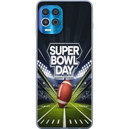 Kompatibelt Mobildeksel til Motorola Edge S Super Bowl Day plakat med amerikansk fotball på opplyst arena i dramatisk sportsdesign