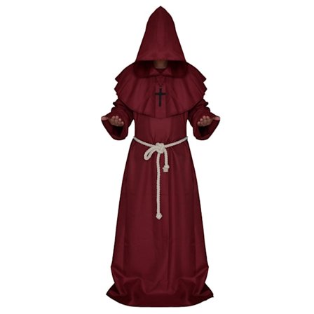 JUSTUP Halloween Cosplay Kostyme Kappe Friar Medieval Hooded Munk Renessanse Prest Robe Kostyme Cosplay(Rød,Størrelse L)