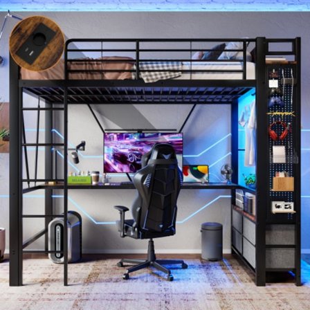 Svart hög säng 90x200cm - Med skrivbord, LED, USB-C, 4 lådor & torkställningar, järnram, hålskiva, utan madrass