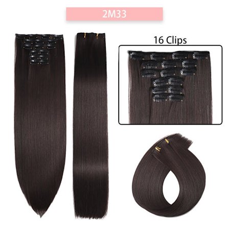 24 tommer 16 klips i syntetiske hårforlængelser Lang lige frisure Syntetisk brun Sort hårstykker Varmebestandigt falsk hår