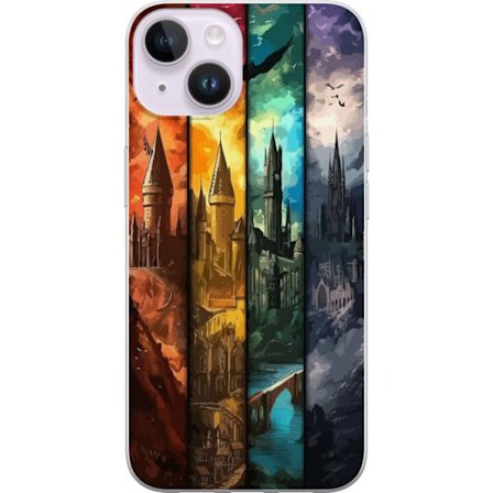 Kompatibelt Mobildeksel til Apple Apple iPhone 15 Fire magiske slott i forskjellige elementfarger, episk fantasikunst med ild vann luft og mørke i de