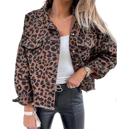 Dame Denimjakke Leopardprint Knapjakke