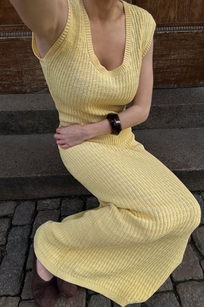 NA-KD Robe longue en maille au crochet à manches courtes - Robes Pull - Jaune - L (EU 42-44)