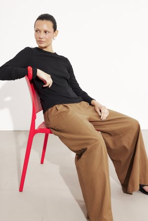 NA-KD Hropped côtelé à encolure ronde et manches longues - Top basique - Noir - L (EU 42-44)
