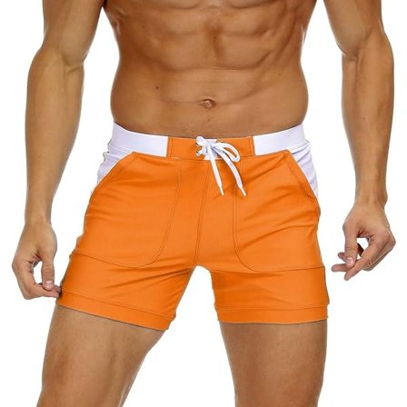 Badbyxor för män, enfärgade, enkla, långa badshorts med fickor - Storlek 36 - Orange