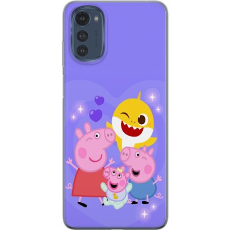 Kompatibel Mobilcover til Motorola Moto E32s Peppa Gris mønster med hjerter, sommerfugle og venner, lyserød baggrund i bløde børneillustrationer