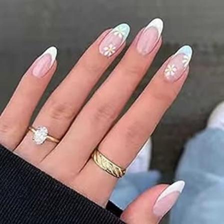 Medium Fransk Trykk på Negler Blå Akryl Mandel Falske Negler Full Dekning Blomst Falske Negler for Kvinner og Jenter 24 stk