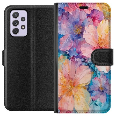 Kompatibelt Plånboksfodral till Samsung Samsung Galaxy A52s 5G Akvarellmålning med stora blommor i rosa, blå och gula toner i en mjuk konstnärlig