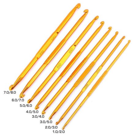 Dobbelt hodet heklenålsett i aluminium, 8 deler, strikking