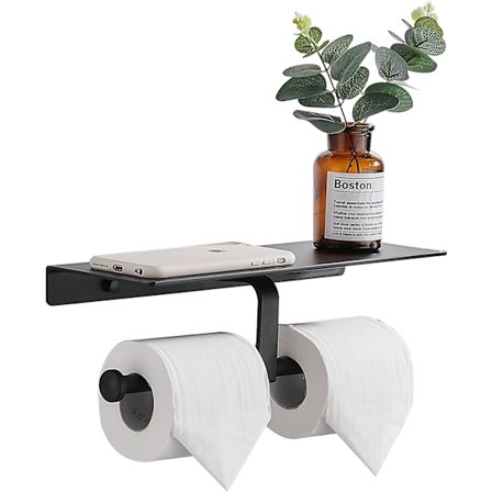 Toalettpappershållare för kommersiellt bruk, dubbel toalettpappershållare med hyllor, väggmonterad toalettpappershållare i matt svart