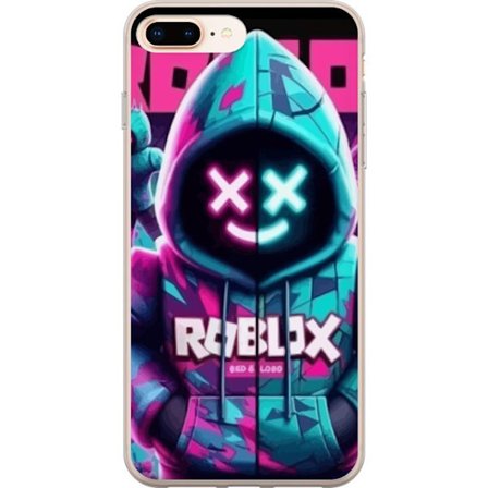 Kompatibelt Mobildeksel til Apple iPhone 8 Plus Roblox neon hettegenserfigur med en maskert karakter i blå og rosa neonfarger, og gir en tydelig cyber