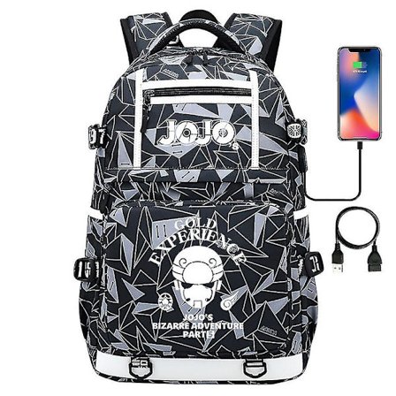 Svart Jojo's Bizarre Adventure USB-port Ryggsekk - Skolebok Studenter Utendørs Skulderveske Cosplay