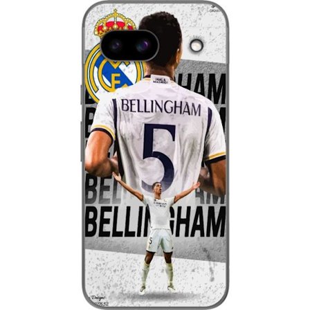 Kompatibelt Mobildeksel til Google Pixel 8a Real Madrid fotballmotiv med Jude Bellingham i nummer 5 drakt, stort klubbemblem, sterk atletisk pose og m
