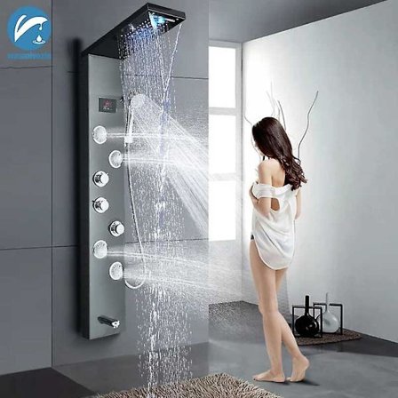 LED Duschpanel Duschkran Tower Kran Rostfritt stål Digital temperaturdisplay Roterande SPA
