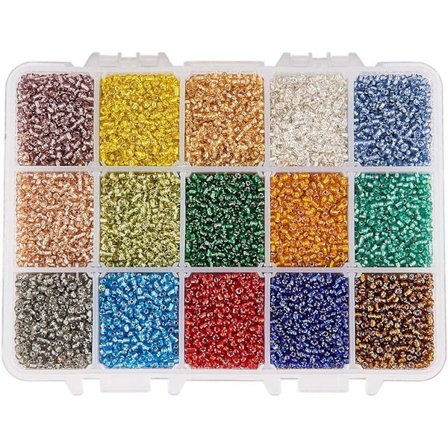 Lasisiemenhelmet, hopeavuoratut, pyöreäreikäiset, pienet pyöreät helmet, sekoitusvärejä, 3 mm, reikä: 1 mm, noin 500 kpl/lokero