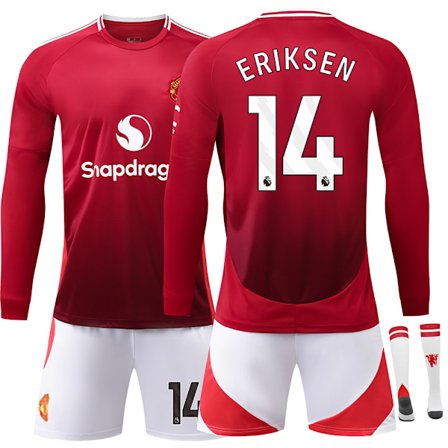24-25 Manchester United F.C. Langærmet Hjemmebanetrøje NO.14 Eriksen Trøjer Børn Voksen Fodboldudstyr med Sokker