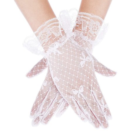Et par hvite sommerhansker i mesh med sløyfe og svart blonder for damer